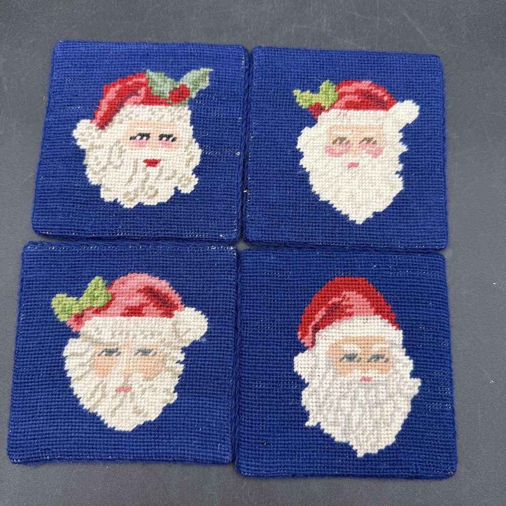 Vintage Christmas Coaster Set Of 4 Needlepoint Santa Blue Charles Keath w/ Box